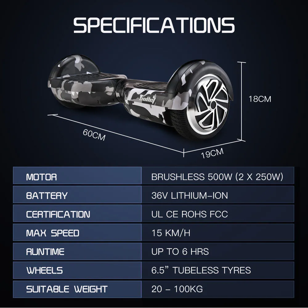 500W Brushless Electric Hoverboard 6.5" LED Wheels - Bullet