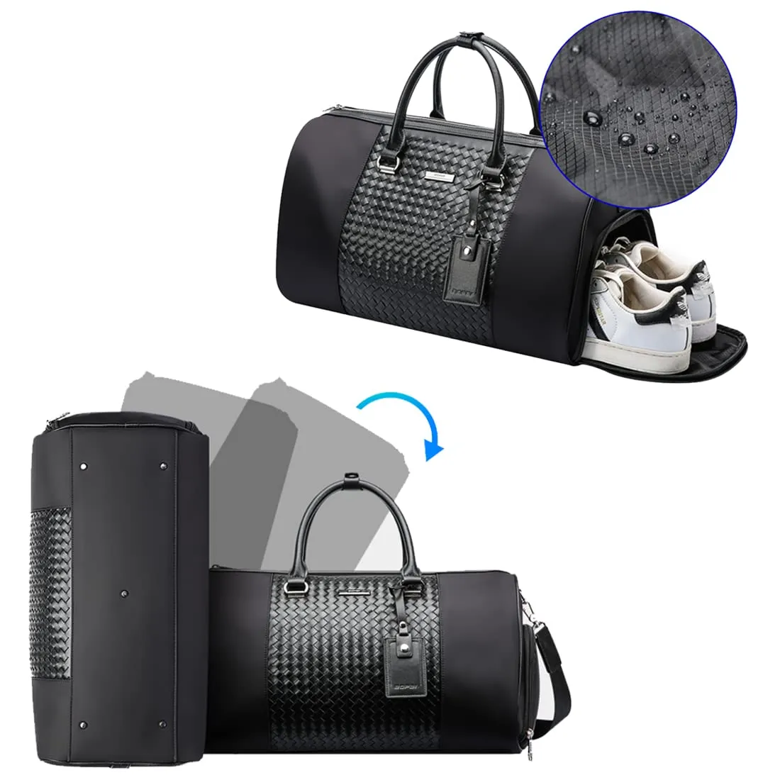 BOPAI Water Resistant Nylon 14 Litre Travel Duffle Bag with Shoe Compartment (Black)