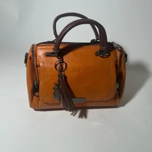 Elegant Tan and Brown Leather Satchel with Tassel Detail