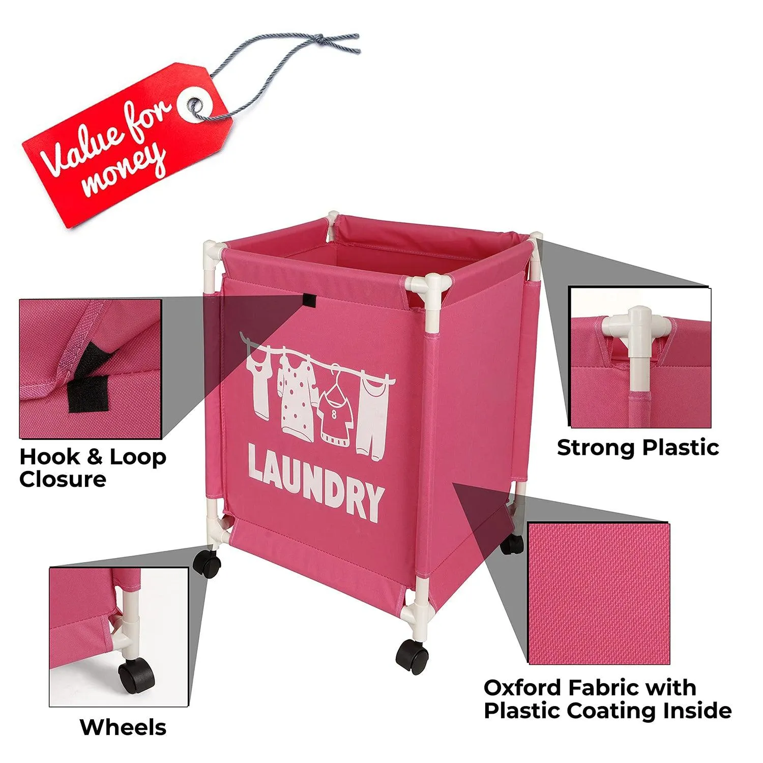 HOKIPO Oxford Fabric Laundry Basket Trolley With Wheels - 60x44x44 cm, Pink