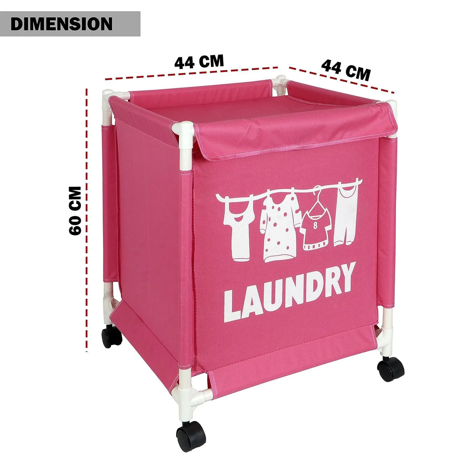 HOKIPO Oxford Fabric Laundry Basket Trolley With Wheels - 60x44x44 cm, Pink