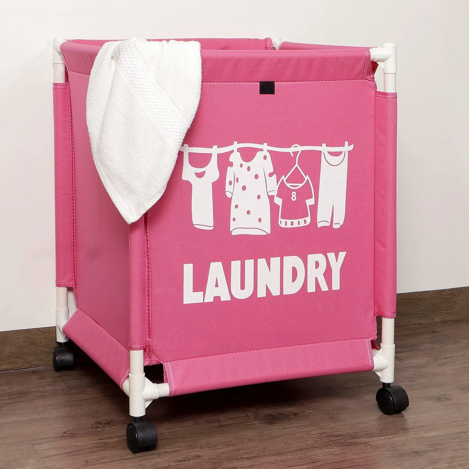 HOKIPO Oxford Fabric Laundry Basket Trolley With Wheels - 60x44x44 cm, Pink