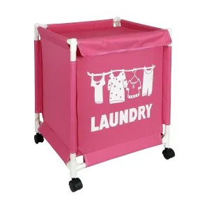 HOKIPO Oxford Fabric Laundry Basket Trolley With Wheels - 60x44x44 cm, Pink