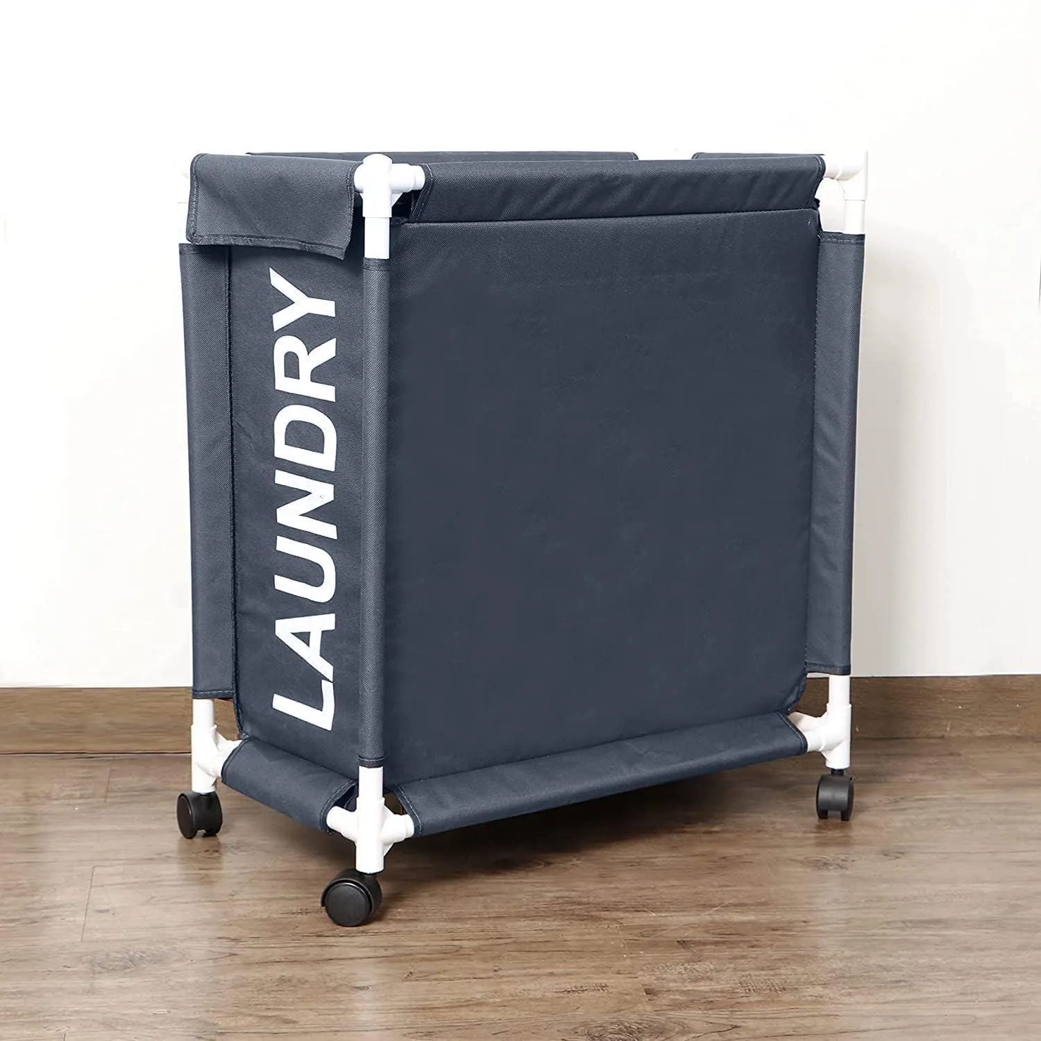 HOKIPO Oxford Fabric Laundry Basket Trolley With Wheels - 65x30x58 cm, Grey