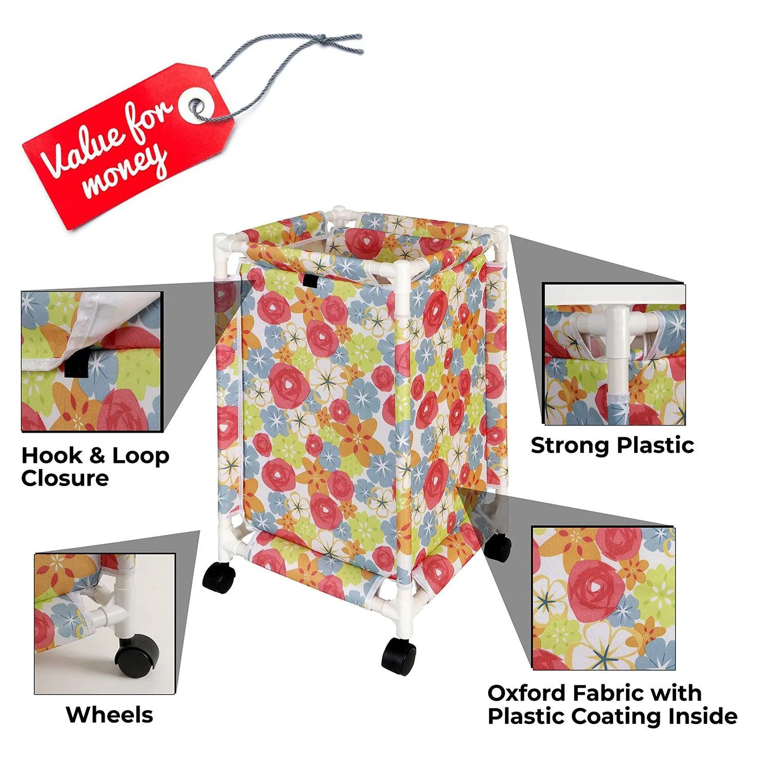 HOKIPO Oxford Fabric Laundry Basket Trolley With Wheels - 65x35x35 cm, Multicolor