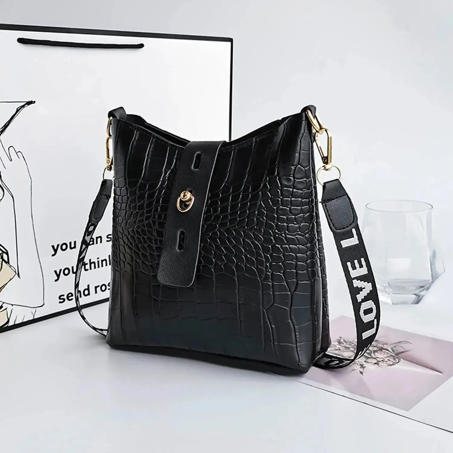 Luxury High Quality Ladies Handbags Crocodile Messenger Bags for Women Bucket Bag Pu Leather Crossbody Shoulder Bag Female