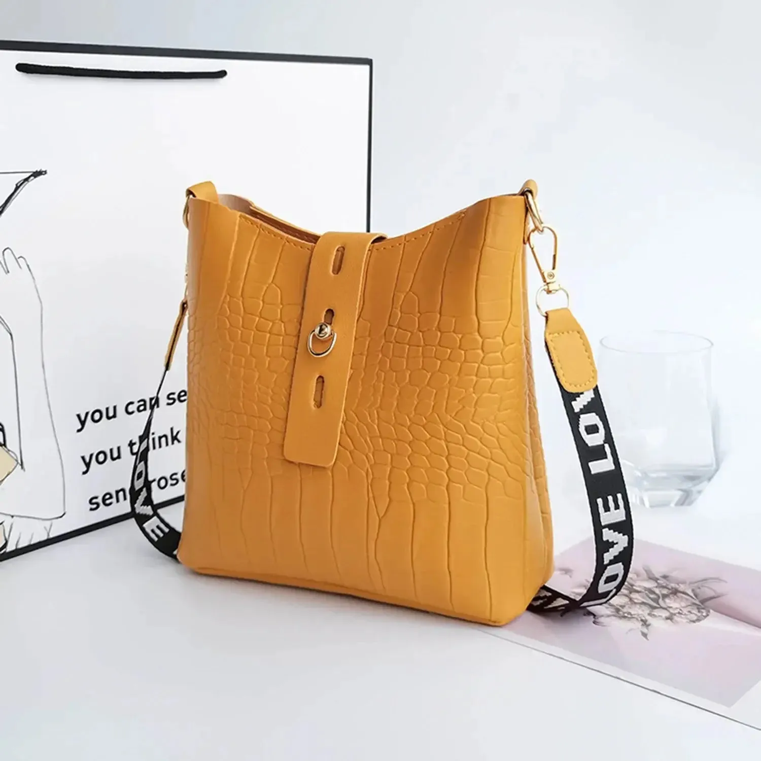 Luxury High Quality Ladies Handbags Crocodile Messenger Bags for Women Bucket Bag Pu Leather Crossbody Shoulder Bag Female