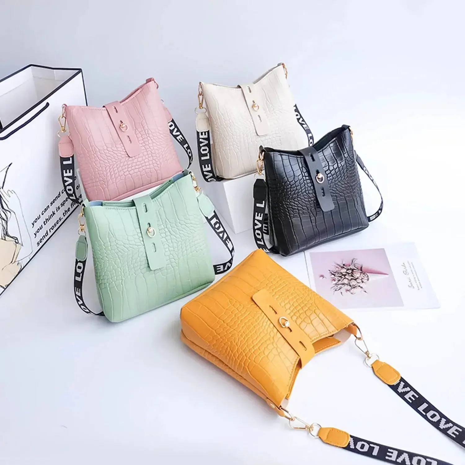Luxury High Quality Ladies Handbags Crocodile Messenger Bags for Women Bucket Bag Pu Leather Crossbody Shoulder Bag Female