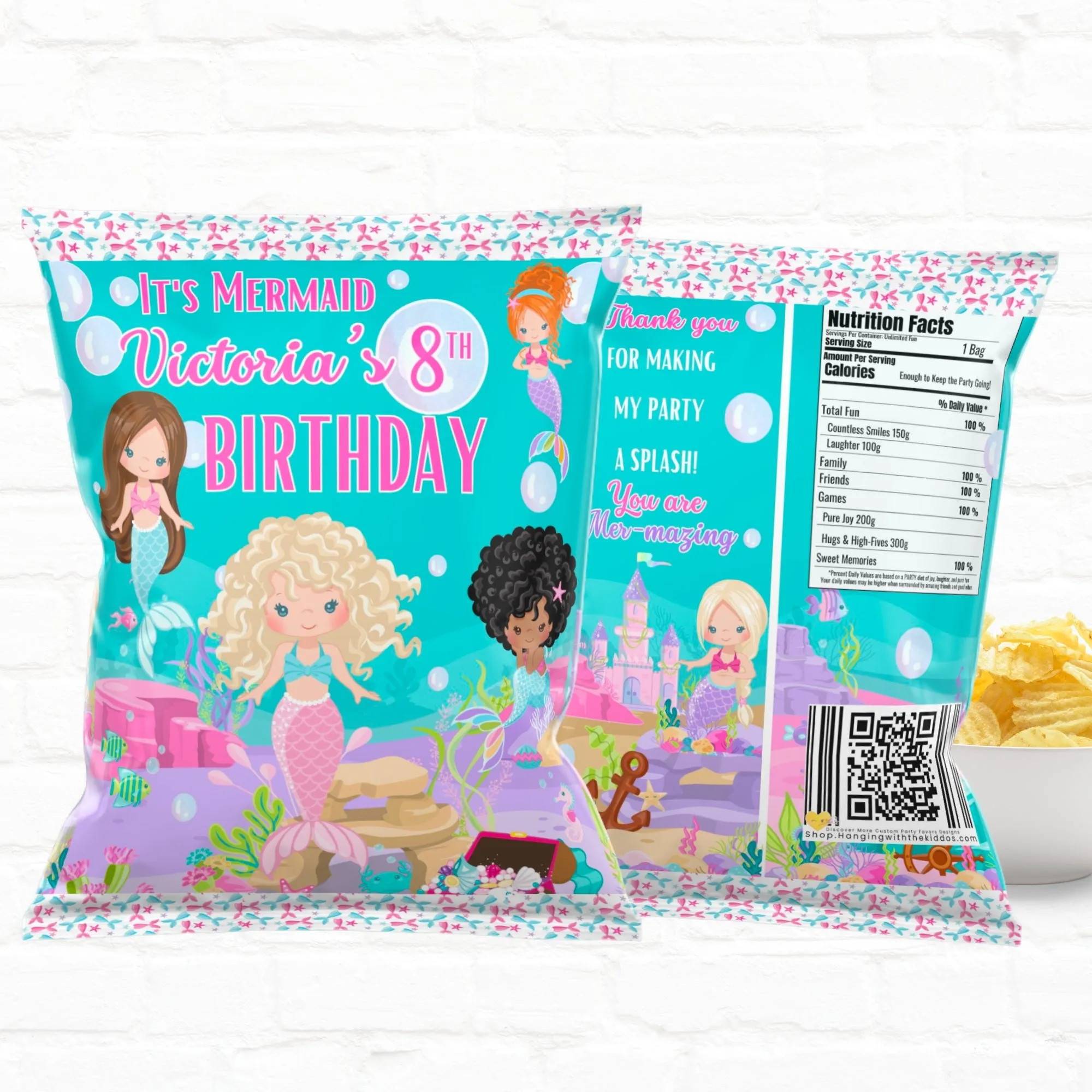Personalized Little Mermaid Party Favor Treat Bags - Custom Chip Bags