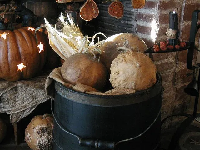 Primitive Staved Bucket Black Paint with Gourds Fabulous for Halloween