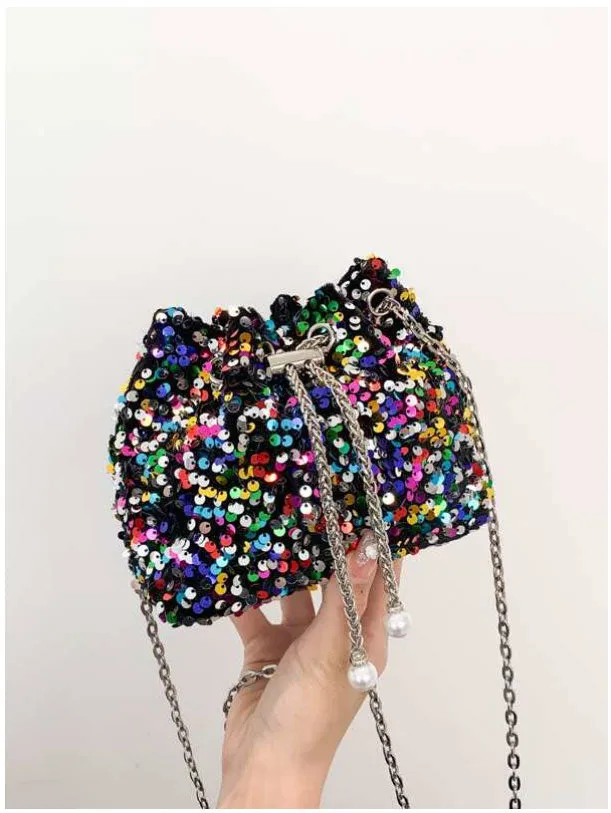 Sequin Faux Pearl Decor bucket Bag