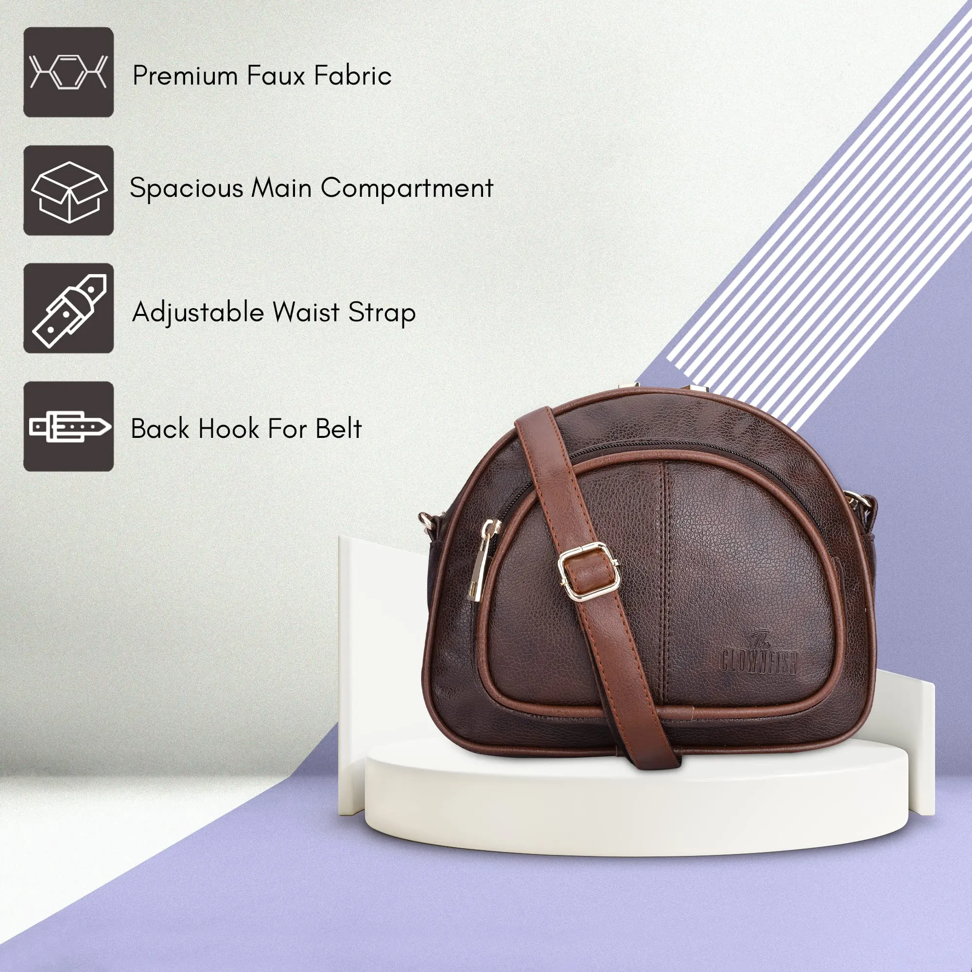 The Clownfish Zoey Faux Leather Waist Bag Travel Pouch Crossbody Sling Bag with Adjustable Belt (Brown)