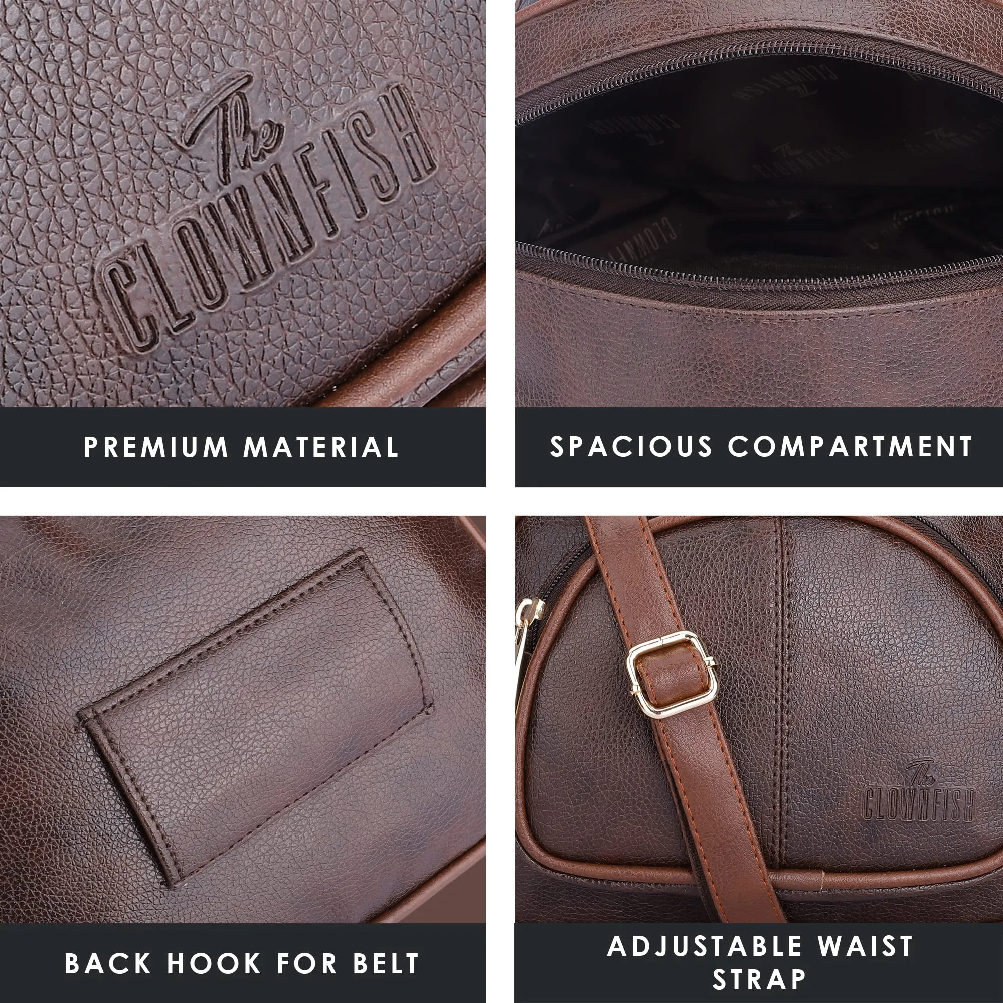 The Clownfish Zoey Faux Leather Waist Bag Travel Pouch Crossbody Sling Bag with Adjustable Belt (Brown)